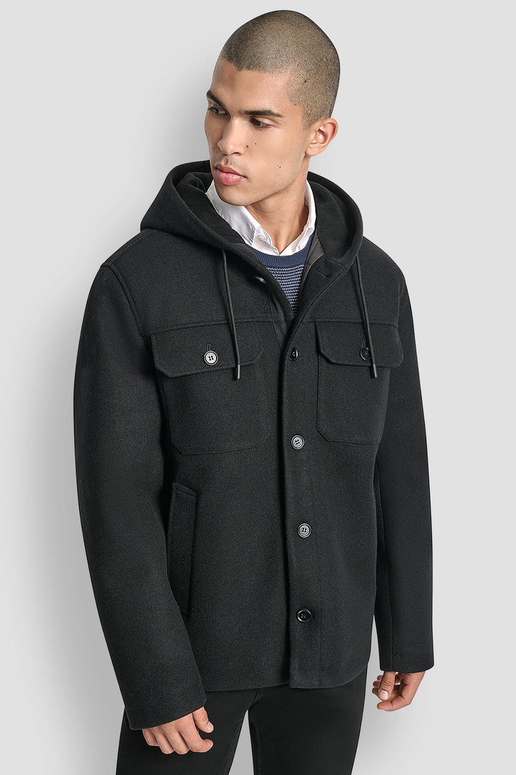 FAUX WOOL HOODED SHIRT JACKET