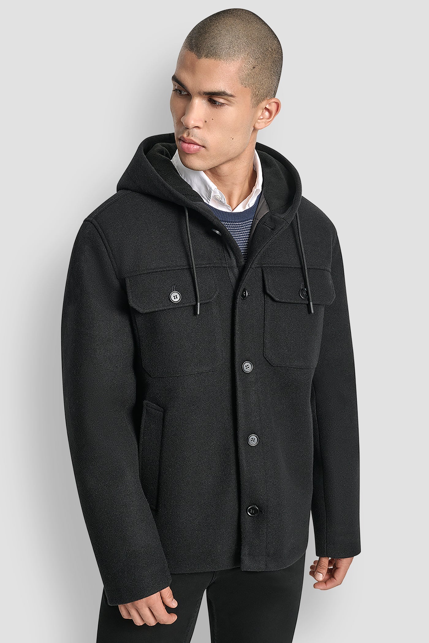 FAUX WOOL HOODED SHIRT JACKET