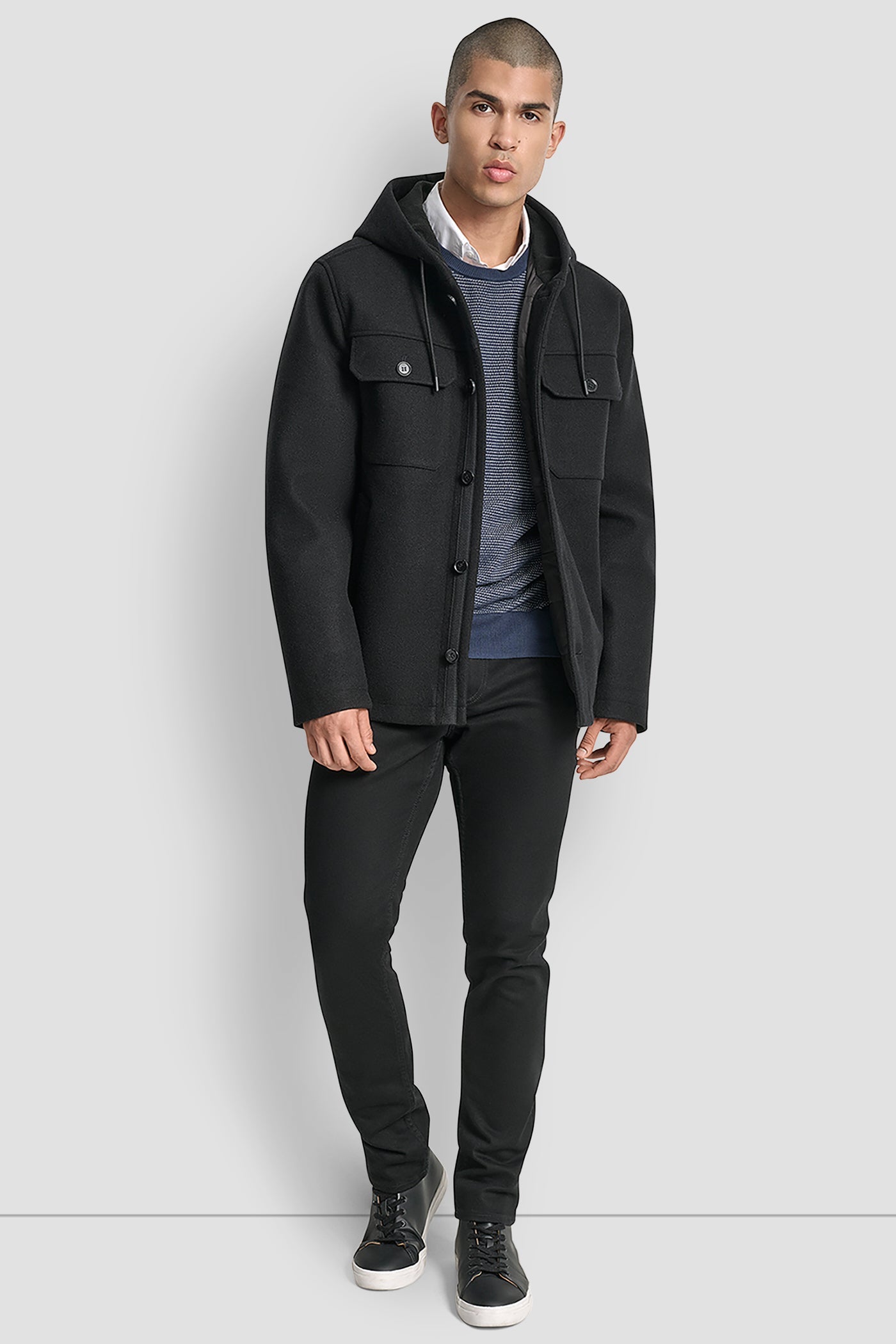 FAUX WOOL HOODED SHIRT JACKET