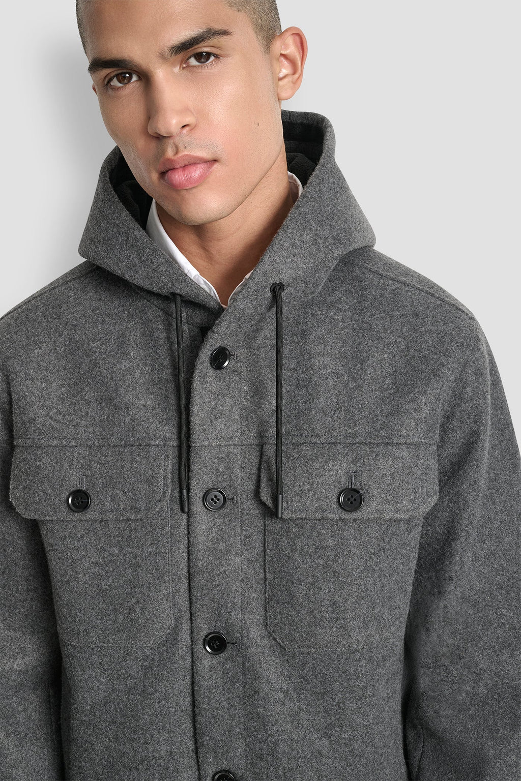 FAUX WOOL HOODED SHIRT JACKET