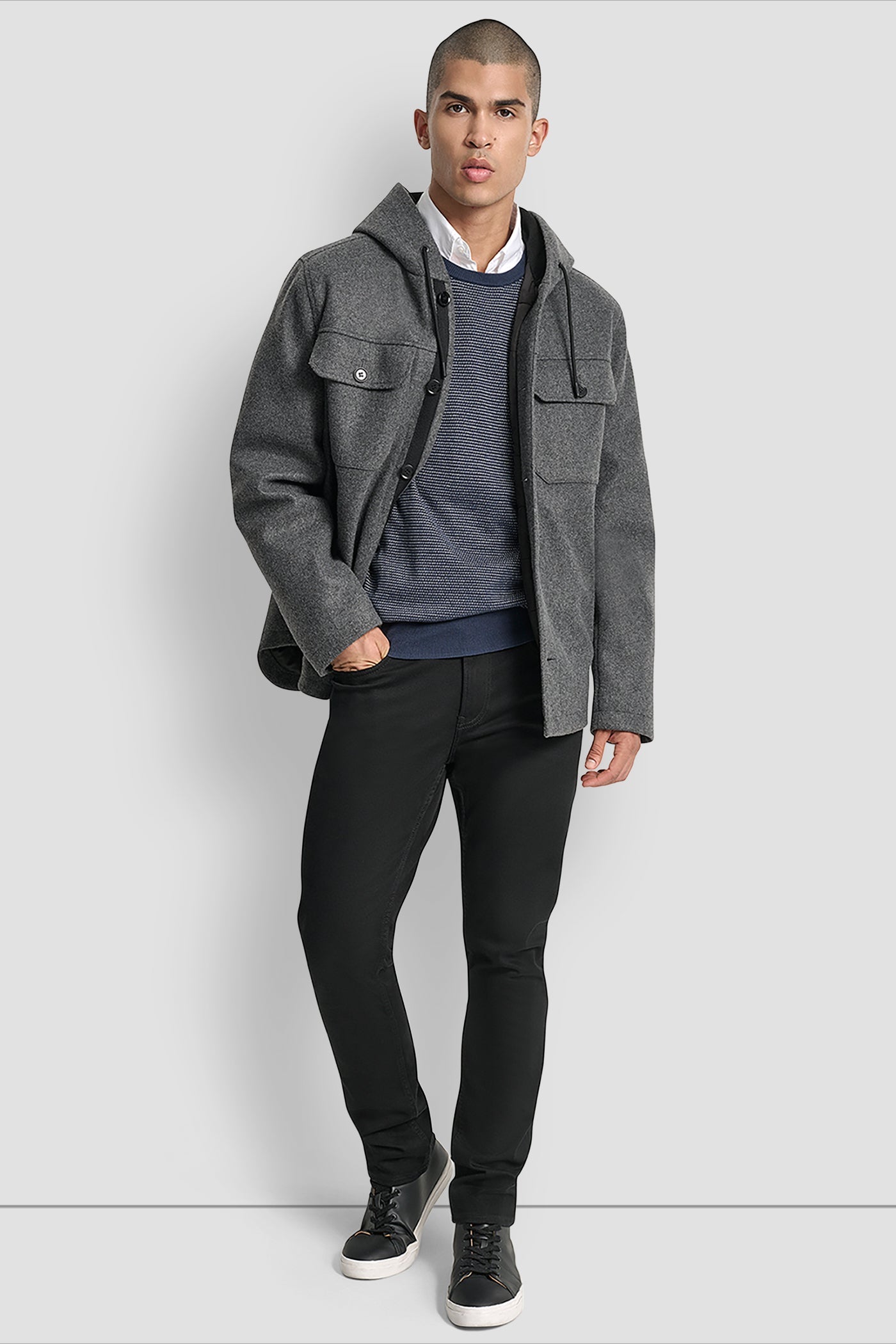 FAUX WOOL HOODED SHIRT JACKET