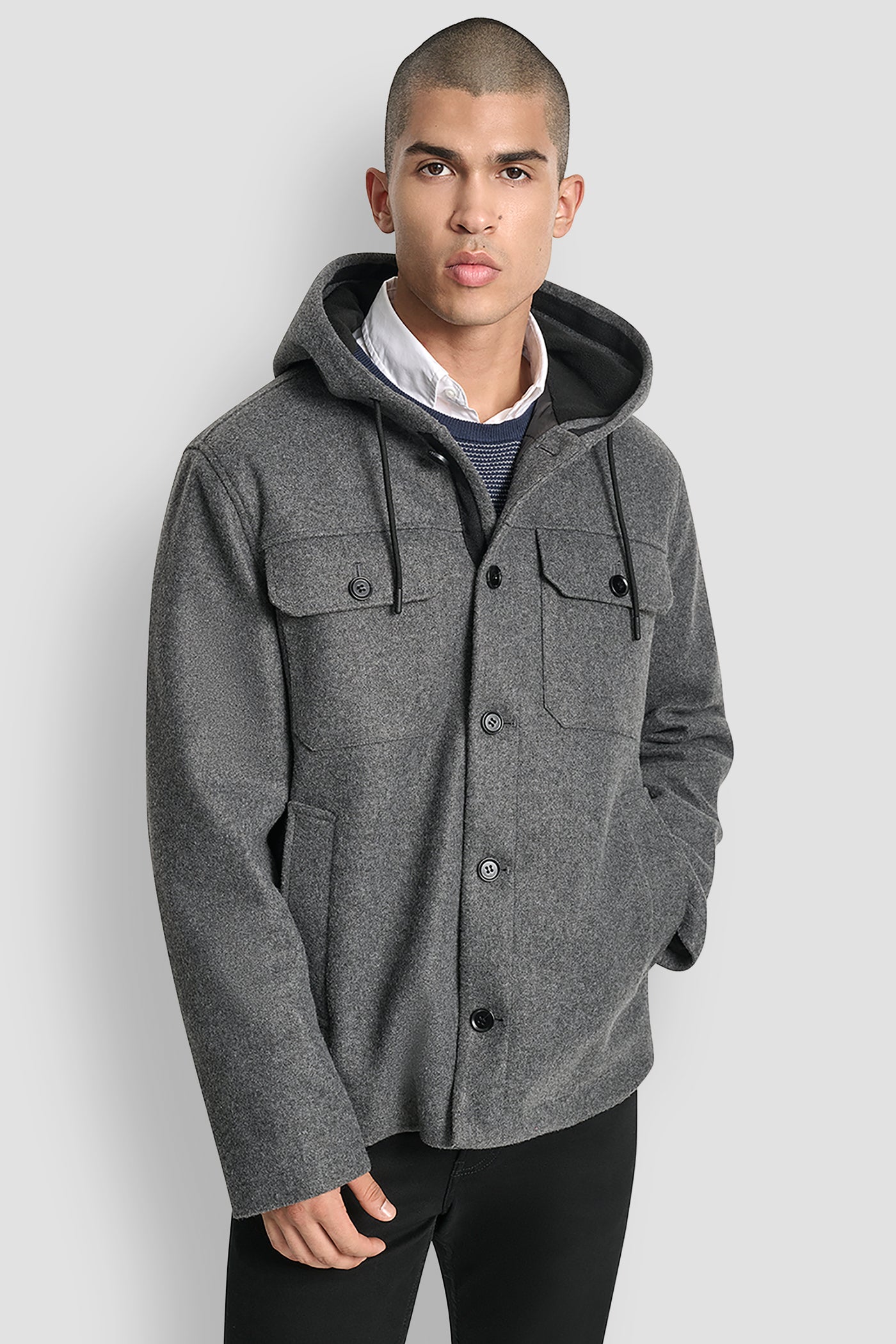 FAUX WOOL HOODED SHIRT JACKET