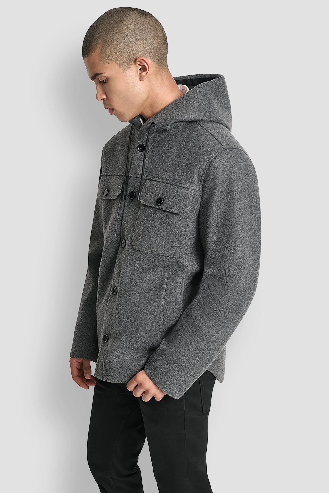 FAUX WOOL HOODED SHIRT JACKET