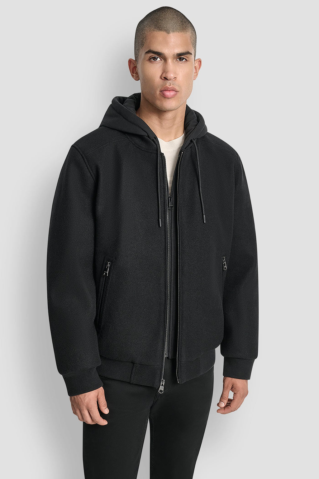 FAUX WOOL BOMBER WITH HOODED BIB