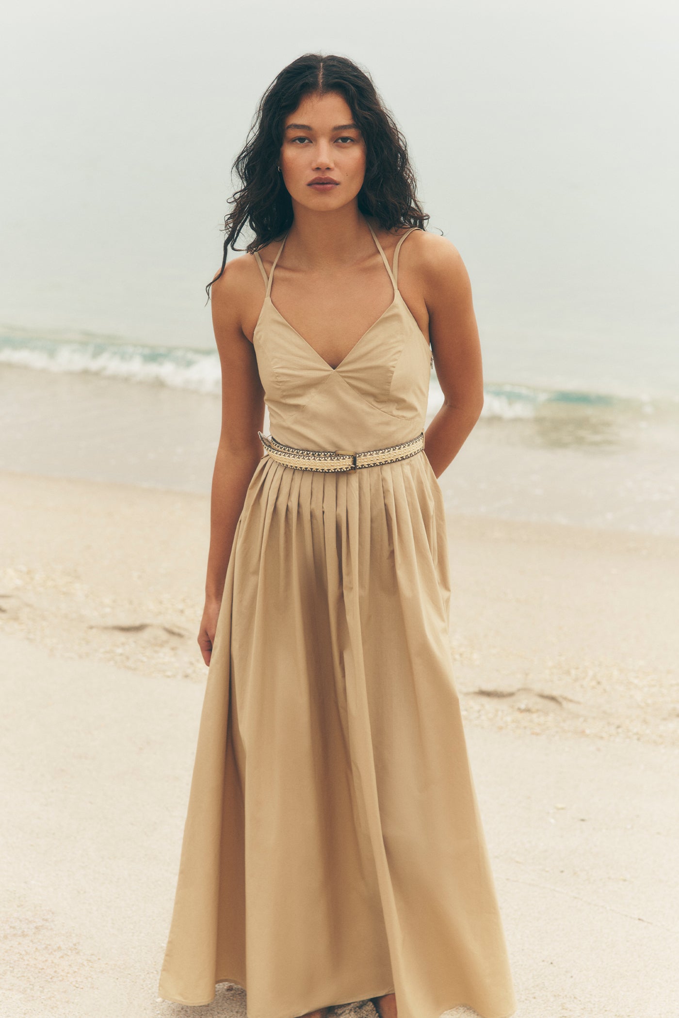 STRAPPY V-NECK MAXI DRESS WITH RAFFIA BELT