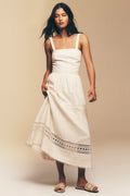 LINEN-BLEND LACE-TRIMMED MIDI DRESS